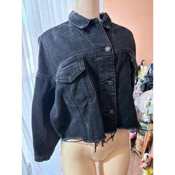 Unbranded Jackets & Blazers - Unbranded Black Cropped Denim Trucker Jacket Distressed Raw Hem XL Streetwear
